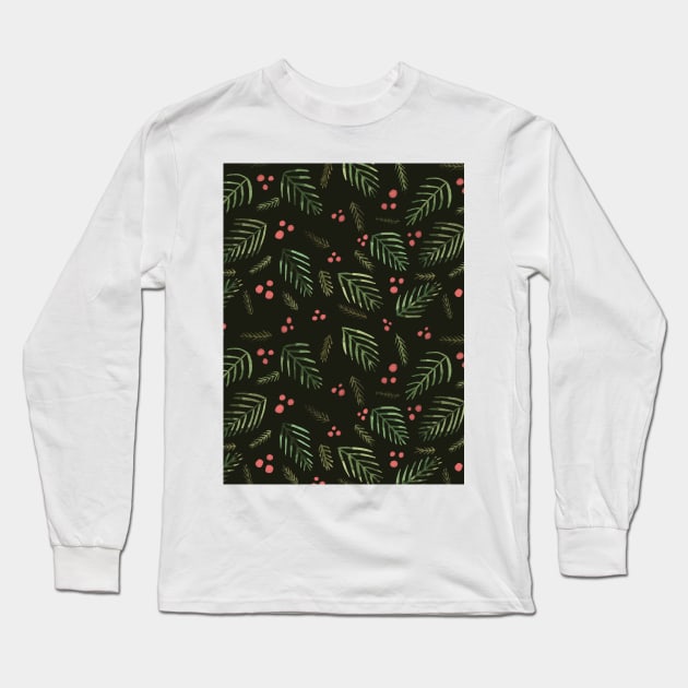 Christmas tree branches and berries - sap green Long Sleeve T-Shirt by wackapacka